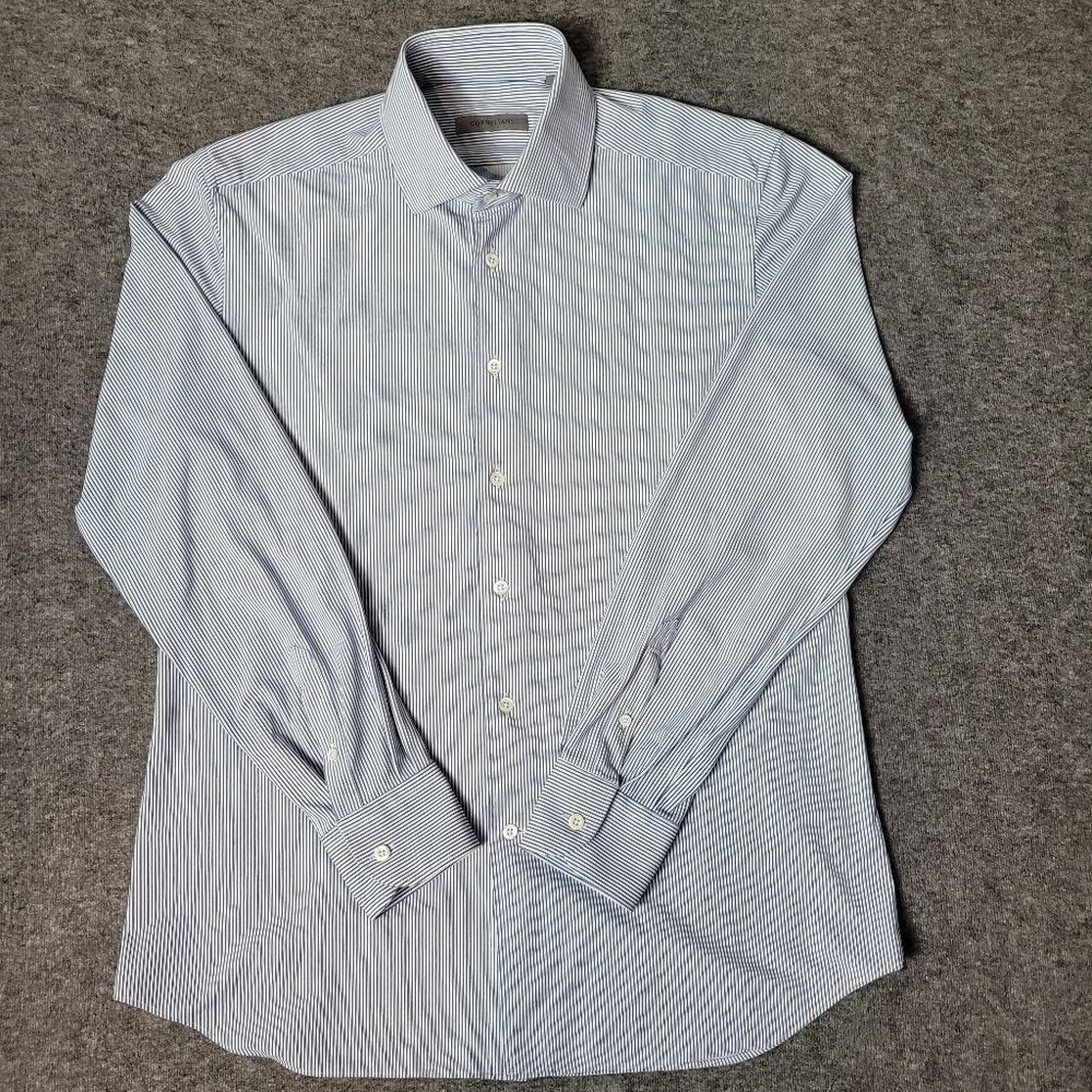 Corneliani Techno Button-Up Mens Shirt Size M BlueStriped Stretch Long Sleeve